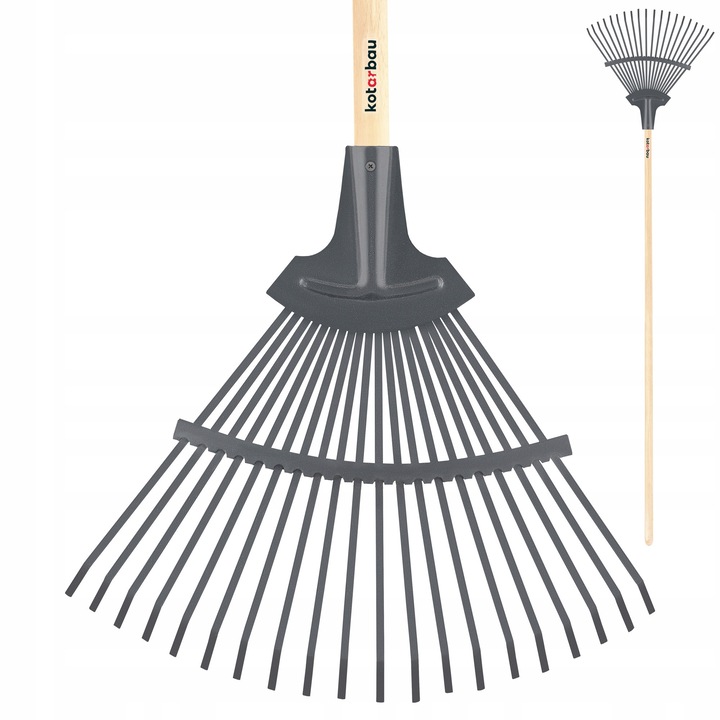 KOTARBAU® Levélgereblye, acél, 44 cm, kerti gereblye – nyéllel, 191 cm, levélgyűjtő, robusztus szerszám gyephez és levelekhez, szürke és natúr fa