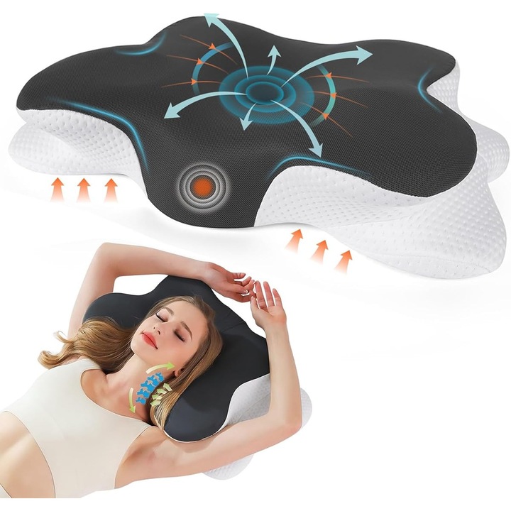 Ergonomikus memóriahab pillangó alakú párna, levehető huzattal, nyak- és válltámasszal, ideális a nyaki fájdalmak enyhítésére és az alvásminőség javítására, otthoni és utazási használatra egyaránt alkalmas