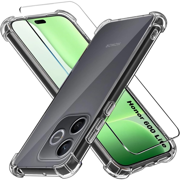 Intelli® Husa silicon + folie sticla, compatibila cu Honor 600 Lite, Anti soc, Transparent