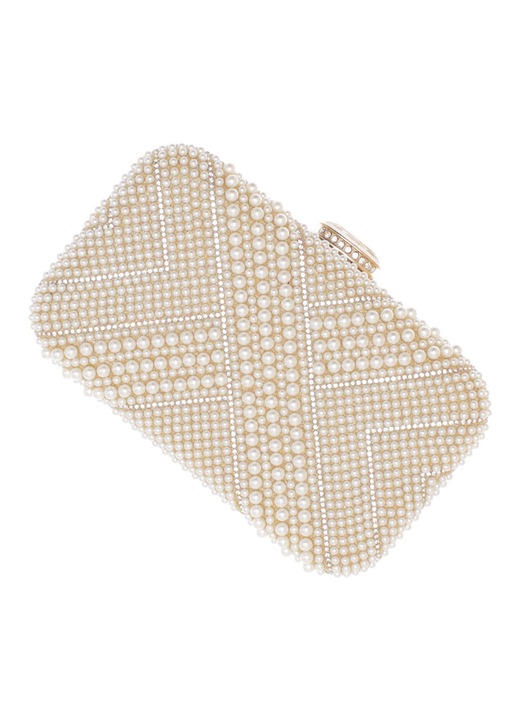 Női clutch táska, szintetikus anyagból, ButicCochet, 19x12x5 cm, strasszokkal és gyöngyökkel, Arany - GND1104