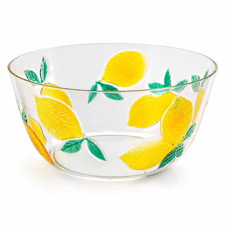 Bol Salata ANTBRO® Transparent cu Model Lamai in Relief, 4.2L, Bol Mare pentru Servire, Fructe, Paste si Salate, Design Mediteranean Vara Premium