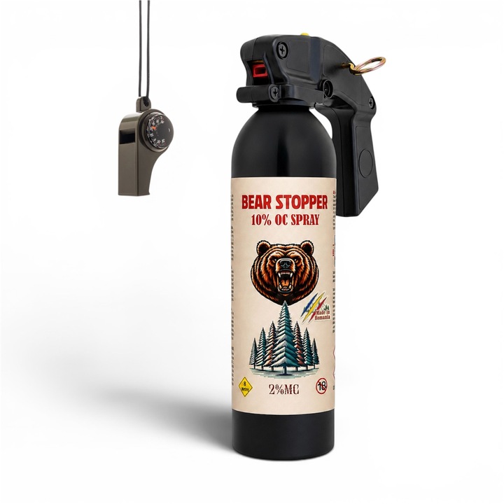 Spray cu Piper Anti Urs Bear Stopper 400 ml + Fluier 3 in 1 cu Busola si Termometru Inclus, Spray Autoaparare Profesional pentru Ursi si Animale Salbatice, Raza 10m, Ideal pentru Hiking, Camping, Pescuit si Activitati Outdoor