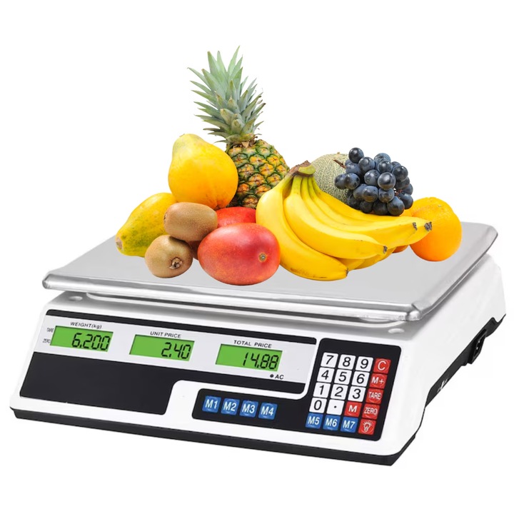 Cantar Comercial Profesional Electronic QRYX® Pentru Magazine, Capacitate Maxima De Cantarire 40 Kg, Display Dublu Iluminat, Functie De Memorie, Tava Metalica, Culoare Alb