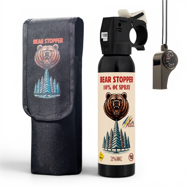 Spray cu Piper Anti Urs Bear Stopper 200 ml + Husa + Fluier 3 in 1 cu Busola si Termometru Inclus, Spray Autoaparare Profesional pentru Ursi, Caini, Lupi, Sacali si Animale Salbatice, Raza 10m, Ideal pentru Hiking, Camping, Pescuit si Activitati Outdoor
