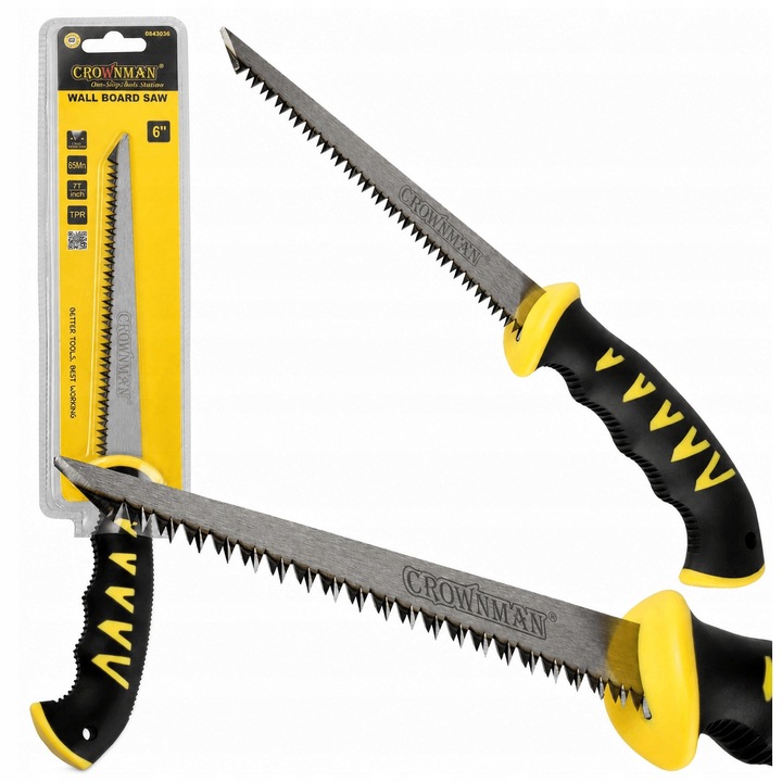 CROWNMAN kézi fűrész gipszkartonhoz és fához, 16.5 cm-es penge, 6 hüvelyk, 7TPI, hegyes vég kivágásokhoz, ergonomikus TPR markolat, gipszkarton lapokhoz, lyukakhoz, szereléshez és felújításhoz