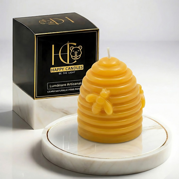 Lumanare din ceara naturala de albine, Happy Candles, Stup, Galben, Handmade, 45g
