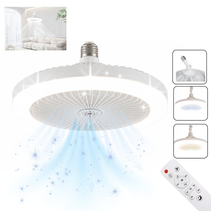 HASEPE® LED Ventilátor Távirányítóval, Plafonlámpa, E27 Kompatibilis, 3 Sebességfokozat, Ultra Csendes