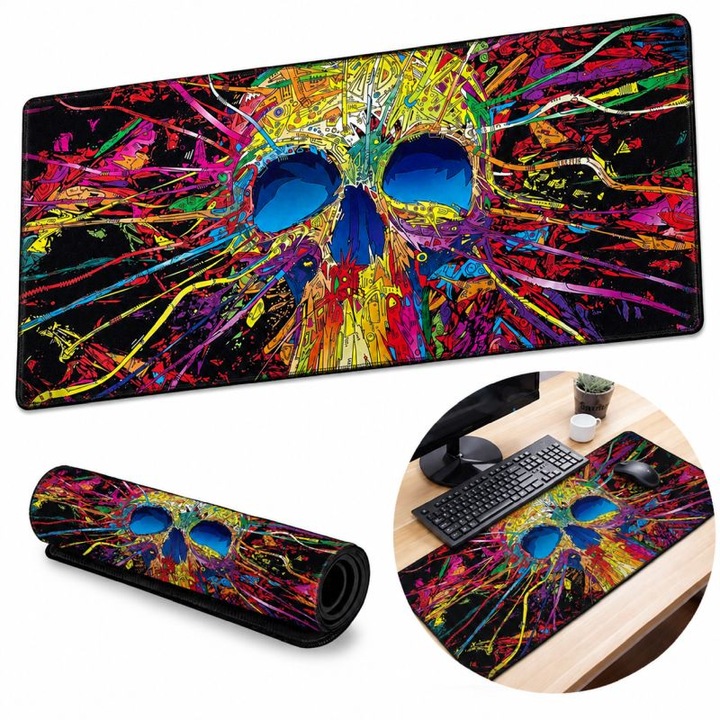 Mouse Pad Gaming CCmax Skull Burst, 90 x 40 cm, Model Craniu Multicolor, Baza din Cauciuc Antiderapanta, Margini Cusute, pentru Tastatura si Mouse