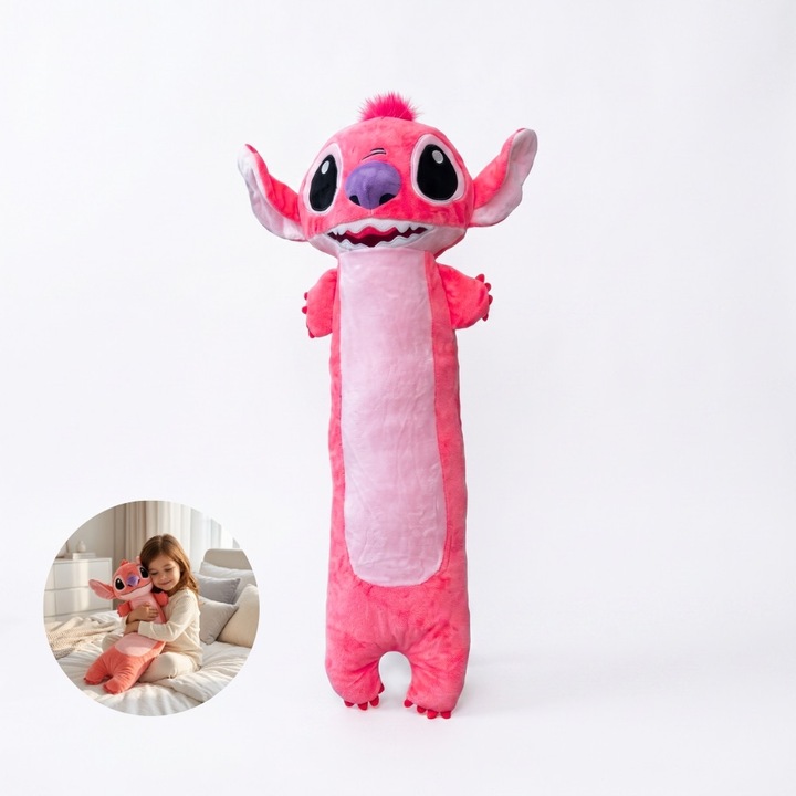 Perna Plus Lunga Stitch si Lilo Roz, Jucarie de Plus Tip Perna Decorativa, Moale, Pufoasa si Confortabila, 50 cm, Perna Copii, Jucarie Cadou Premium