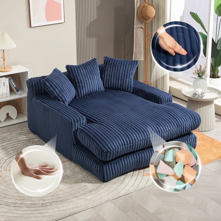 Canapea extensibila moderna din catifea reiata, culoare cloud, bleumarin