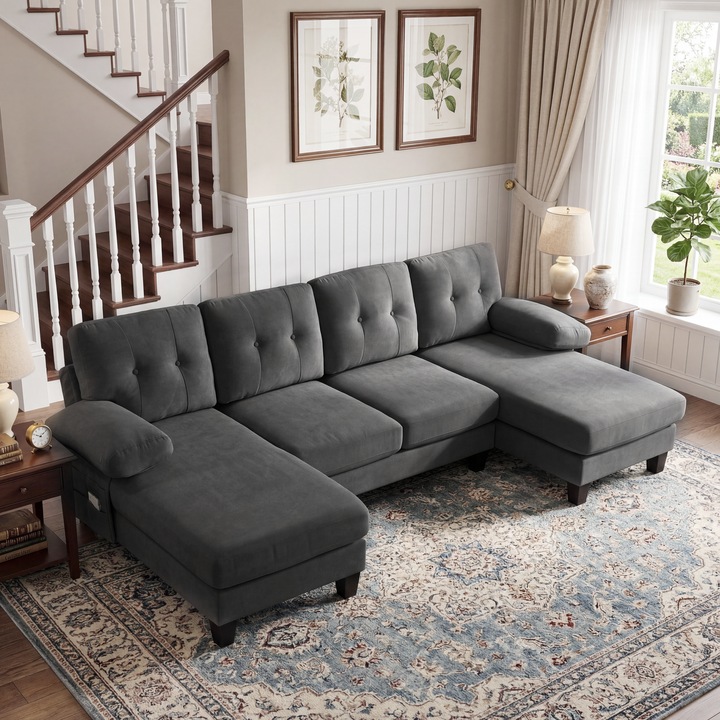 Canapea extensibila de colt in forma de U, Chenille, cu 4 locuri, cu sezlong, gri, chenille