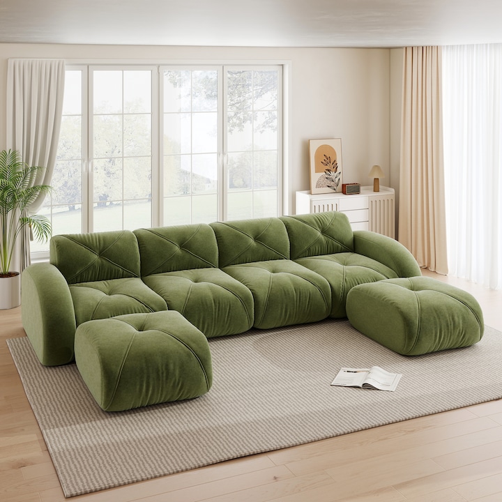 Canapea modulara de colt in forma de U, cu 4 locuri, cu 2 taburete, verde, chenille