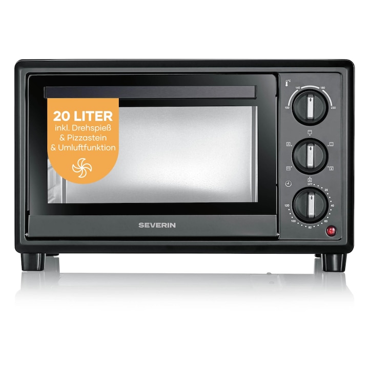 Cuptor Severin de coacere si prajire, Bake&Toast, 20L, pana la 230°C, functie de circulatie a aerului, caldura de sus si de jos, inclusiv piatra de pizza, rotisor, tava pesmet, tava de copt, gratar, 120 min.Temporizator, 1600 W, negru, TO 2079