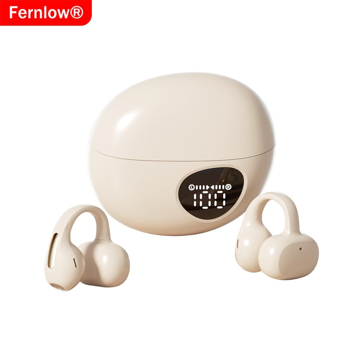 Fernlow® vezeték nélküli clip-on fülhallgató aktív zajszűréssel (ANC), töltőtok digitális kijelzővel, rendkívül hosszú üzemidő, Bluetooth 6.0 technológia, kétoldali sztereó, HD minőség, IPX4 védelem, kettős mód (játék és zenehallgatás), Bézs