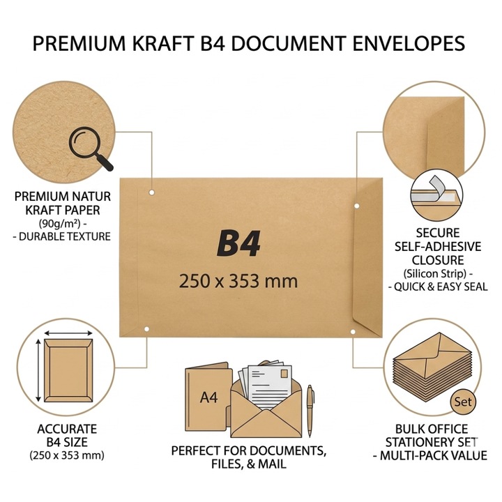 25 db Kraft B4 Boríték Készlet, Méretek 250 x 353 mm, Natur Premium Papír 90 g/m2, Szilikon Szalaggal Záródó, Rövid Oldalon Lévő Fedél, A4 Dokumentumokhoz és Irattartókhoz
