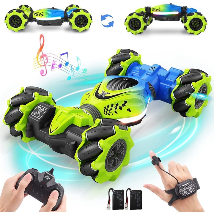 Кола с дистанционно управление PRESOMA®, Stunt Car, RC управление с жестове, 2,4 GHz 4WD, двупосочно шофиране, въртене на 360°, офроуд превозно средство, LED светлини и музика, зелена