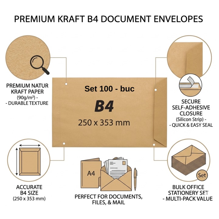 100 db Kraft B4 boríték szett, mérete 250 x 353 mm, Natur Premium 90 g/nm papír, szilikoncsíkos ragasztás, rövid oldalon lévő fül, A4-es dokumentumokhoz és irattartókhoz