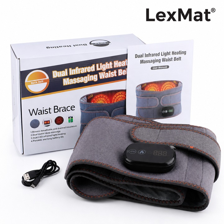 Aparat de masaj pentru талия с инфрачервено нагряване и вибрации LexMat®, Уред за масаж с инфрачервено нагряване и вибрации, USB презареждащ се електрически колан, 3 нива на интензивност, батерия 5000mAh, модел HLX102247, Сив