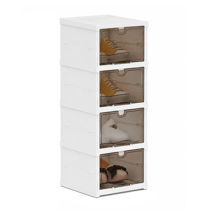 Pantofar Pliabil Modular cu 4 Nivele si Usi Transparente, Organizator Incaltaminte Economisire Spatiu, 20x35x71.5 cm, Alb