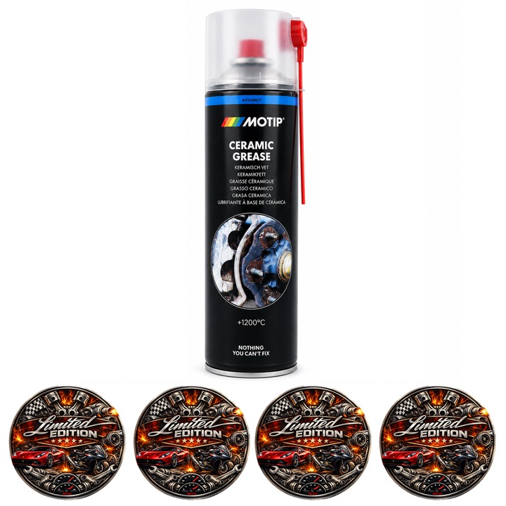 Spray Vaselina Ceramica MOTIP Ceramic Grease 500 ml, Lubrifiant Ceramic Fara Metal, pentru ABS, Sonde Lambda, Frane si Evacuare, Rezistent la Temperatura pana la +1200°C, 4x Stickere auto