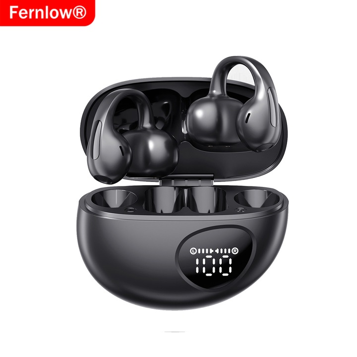 Fernlow Vezeték nélküli fülhallgató, clip-on típusú, aktív zajszűrés (ANC), tároló digitális kijelző, rendkívül hosszú üzemidő, Bluetooth 6.0 technológia, kétoldali sztereó, HD minőség, IPX4 védelem, kettős üzemmód (gaming és zenehallgatás), Fekete