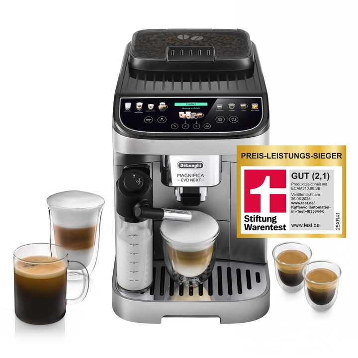 De’Longhi Magnifica Evo Next, Aparat de cafea complet automat Perfetto cu spuma de lapte LatteCrema, 13 bauturi cu o singura atingere, aparat de cafea si cappuccino, afisaj tactil color, titan (ECAM312.80.SB)
