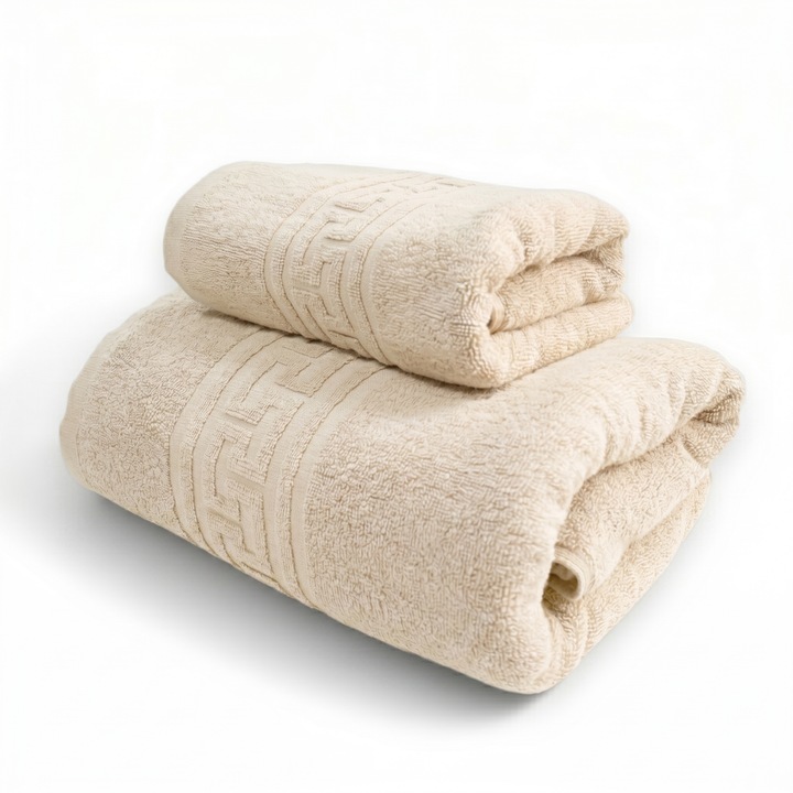 2 db TextiLici Ultra Soft Törölköző Szett – 100% Pamut, Dupla Szál, 500 g/m² – 50x90 cm + 70x140 cm, világos krém