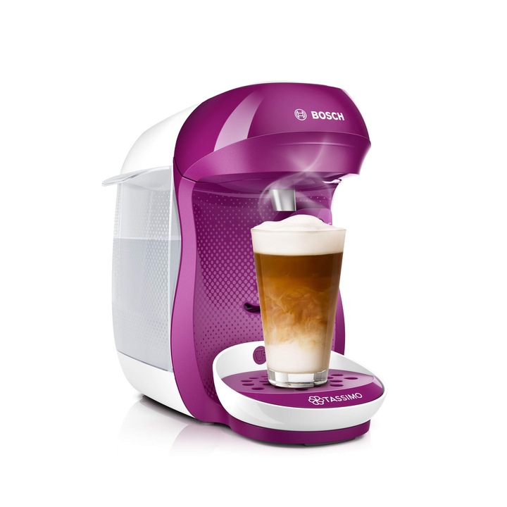 Aparat de cafea Bosch Tassimo Happy TAS1001 de, 70 de bauturi, complet automat, potrivit pentru toate cestile, economiseste spatiu, 1400 W, roz