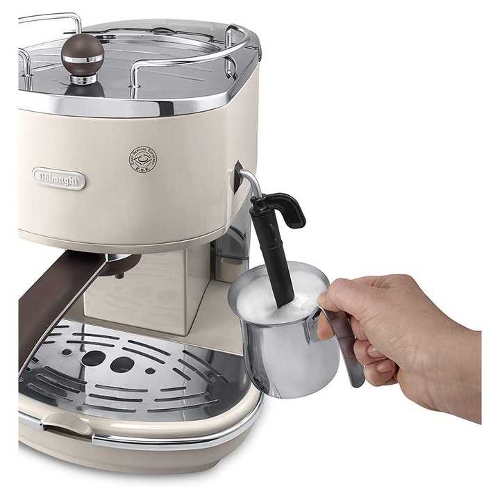 De'Longhi Icona Vintage ECOV 311.BG, espressor portafiltru cu aspect retro, espressor cu spumant manual de lapte, pentru cafea praf sau tampon ESE, rezervor de apa 1, 4 l, bej