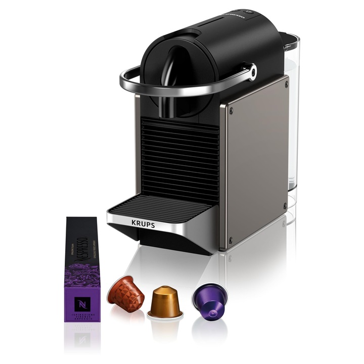 Aparat de cafea Nespresso Krups Pixie, panouri laterale din aluminiu, pentru espresso sau lungo, compact + economie de energie, inclusiv set de bun venit, titan, XN306T10
