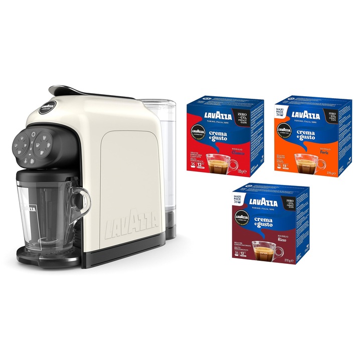 Lavazza, Aparat de cafea Modo Mio Desea White Cream cu 88 capsule de crema si arome asortate, espresso 1500 W, 220-240 V, 50/60 Hz, capacitate max. 10 capsule si 1, 1 litri de apa