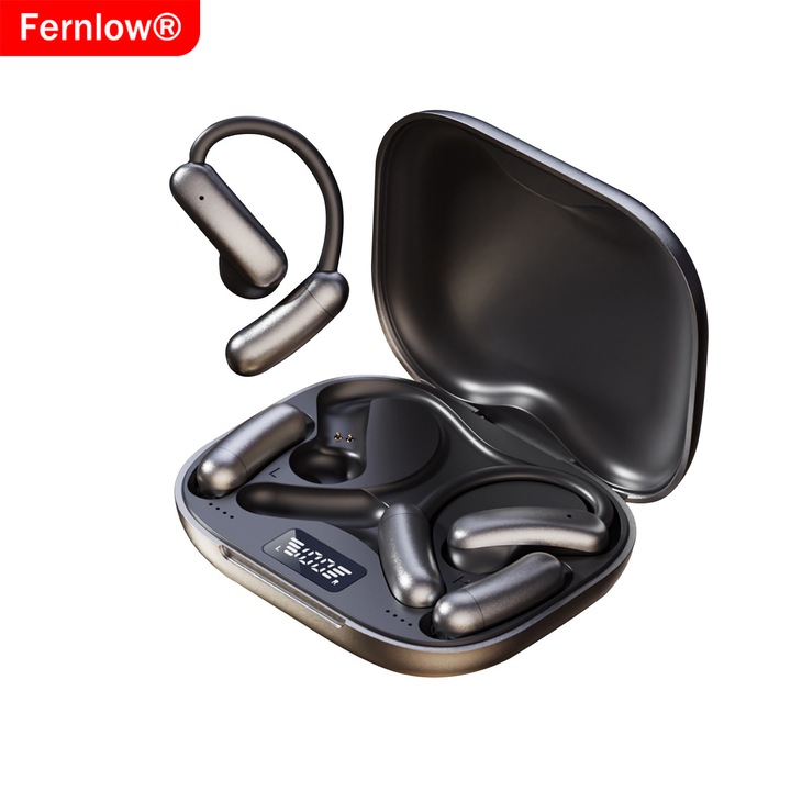 Fernlow vezeték nélküli sport fülhallgató, Bluetooth 6.0, futáshoz, audio, cserélhető akkumulátorral, in-ear, kihangosító mikrofonnal, telefonhoz, USB Type-C, hangvezérlés, true wireless, univerzális, izzadásálló, LED kijelző, GymBuds, fekete