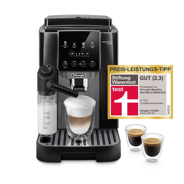 De'Longhi Magnifica Start, Aparat de cafea Perfetto complet automat cu spuma de lapte LatteCrema, 4 bauturi cu o singura atingere, aparat de cafea cappuccino, panou de control soft-touch, negru-gri (ECAM222.60.BG)