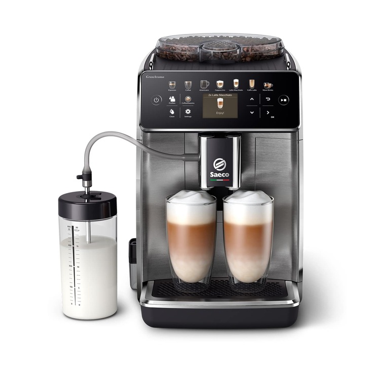 Aparat de cafea Saeco GranAroma complet automat cu 16 specialitati de cafea, afisaj color intuitiv, 4 profiluri de utilizator, rasnita ceramica, otel inoxidabil negru (SM6585/00)