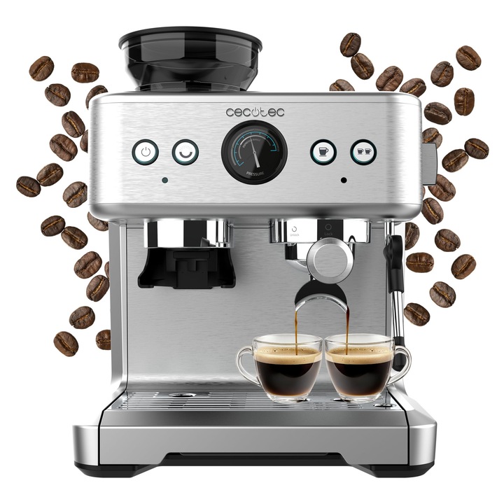 Aparat de cafea Cecotec Express, 20 bar, 20 bar, Barista Maestro, 2.250 W, manometru, 2 termoblocuri, duza pivotanta pentru abur, recipient pentru boabe de cafea si rasnita cu 20 de nivele
