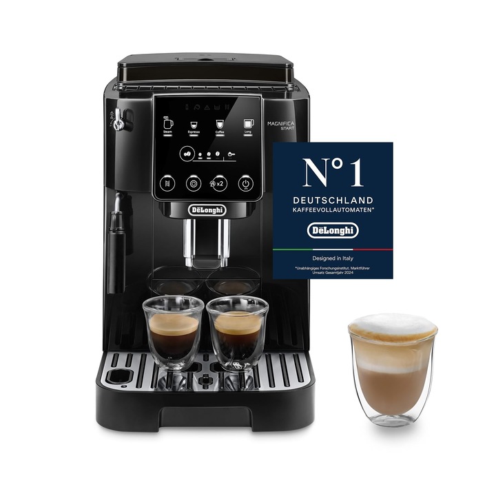 De’Longhi Magnifica Start, Aparat de cafea Perfetto complet automat cu spumant clasic de lapte, 4 bauturi cu o singura atingere, cappuccino, aparat de cafea espresso, panou de control soft-touch, negru (ECAM222.20.B)