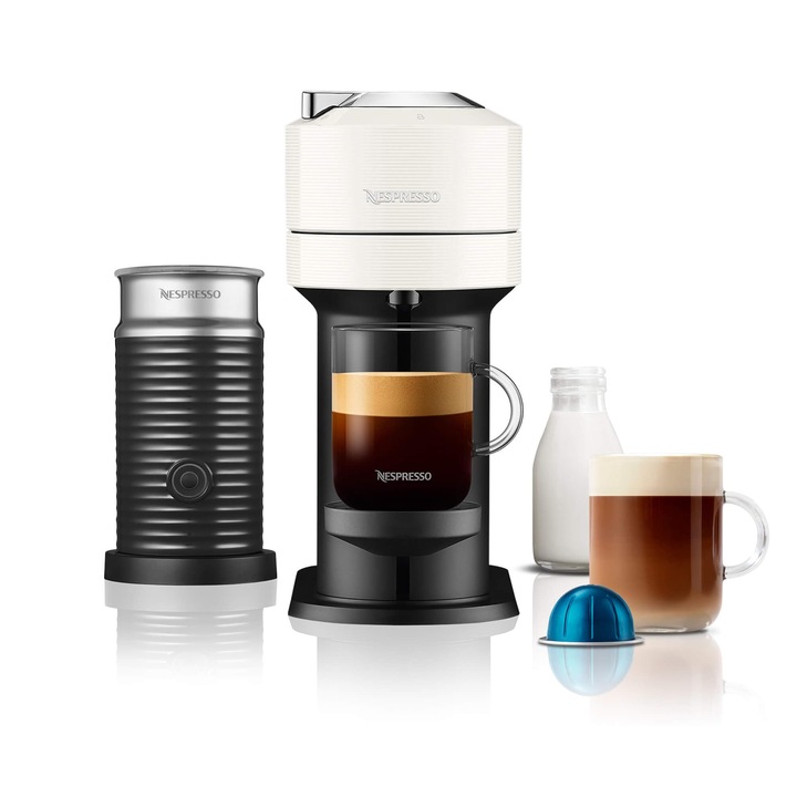 Aparat de cafea Nespresso Vertuo 11710 Next cu spuma de lapte de la Magimix, alb
