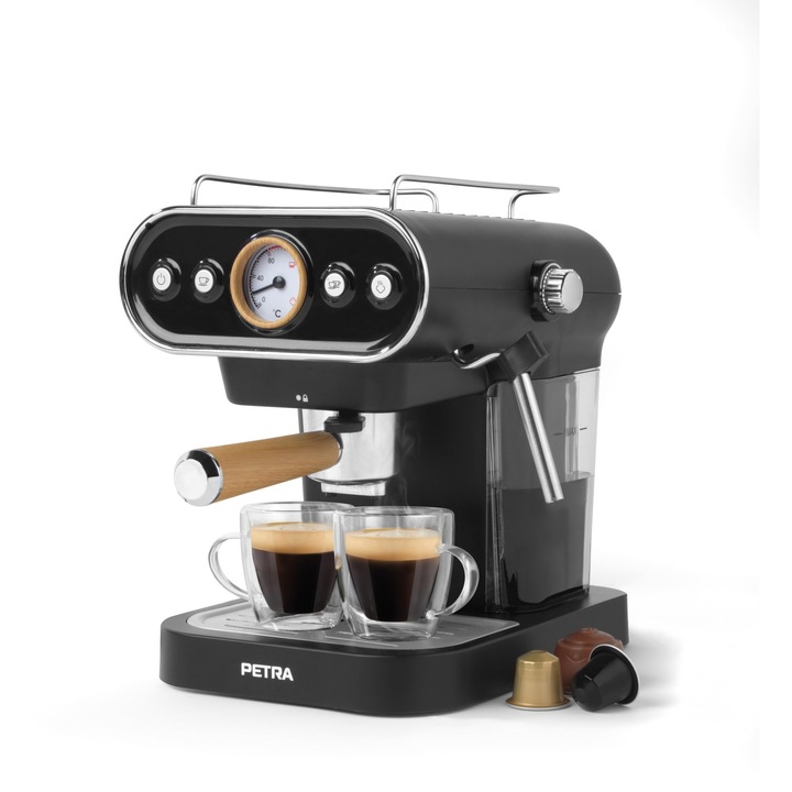 Petra PT5108VDEEU7 Aparat de cafea 3-in-1 1.2L, Espressor fara BPA cu spuma de lapte, potrivit pentru capsule de 30/54mm, cafea cu filtru si cafea macinata, 1050W, pompa italiana de 19 bar
