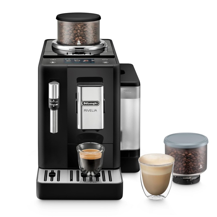Aparat de cafea complet automat De'Longhi Rivelia EXAM440.35.B cu duza de spumare a laptelui, recipient pentru boabe de boabe interschimbabil, 8 bauturi de cafea la o simpla apasare de buton, functie extra shot, display tactil de 3 "5", negru onix