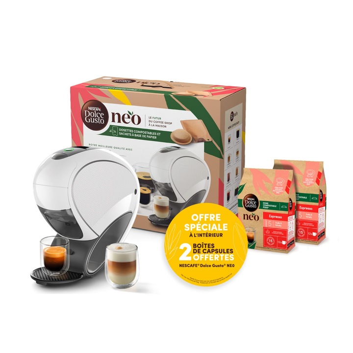 Aparat de cafea Nescafe Dolce Gusto Krups, pastai compostabile si pungi pe baza de hartie reciclabila, Connected, Neo White, YY5499FD