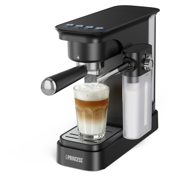 Espressor Princess cu recipient pentru lapte, pompa de 20 bar, rezervor de apa 0, 8 L, preparare simultana a 2 cesti, tava de picurare detasabila, oprire automata, 01.249422.01.001