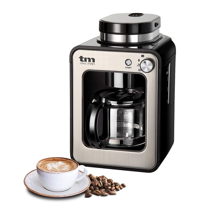 TM Electron Mini aparat de cafea cu rasnita de cafea 4 cesti pentru boabe de cafea 600W filtru lavabil argintiu