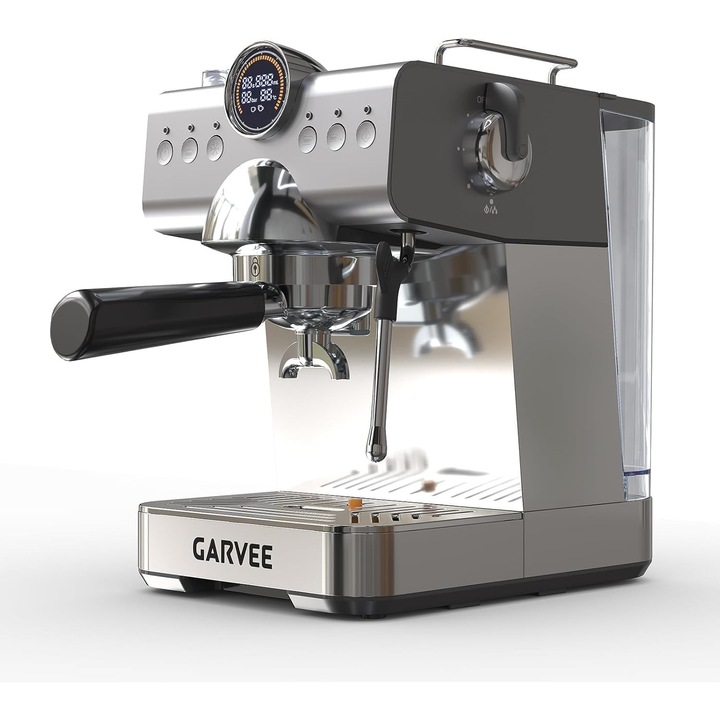 GarveeHome Aparat de cafea espresso 20 bar cu rasnita semi-automat din otel inoxidabil cu spuma de lapte Temperatura reglabila Doua filtre Rezervor detasabil 1, 5L pentru bucatarie birou