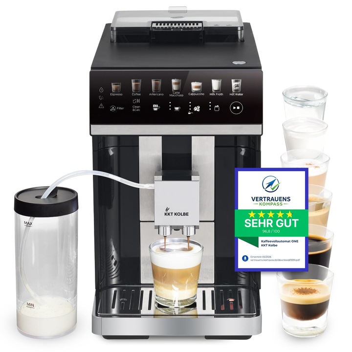 KKT KOLBE Un aparat de cafea complet automat cu recipient pentru lapte, duza pentru spuma de lapte si accesorii, functie 2 cani, 15 bar, rasnita in 7 trepte, ecran tactil, curatare automata, 7 bauturi, negru si argintiu