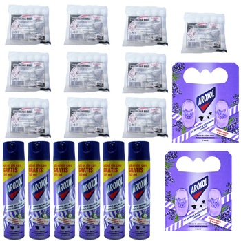 Pachet - 6 x Aroxol spray anti-molii si anti-acarieni, Lavanda, 400ml + 10 x Naftalina bile, pastile, 80g + 2 x Tablete gel Aroxol antimolii si antiacarieni, 3.2g Pachet - 6 x Aroxol spray anti-molii si anti-acarieni, Lavanda, 400ml + 10 x Naftalina bile, pastile, 80g + 2 x Tablete gel Aroxol antimolii si antiacarieni, 3.2g