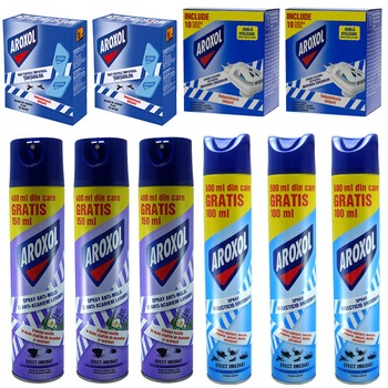 Pachet - 3 x Aroxol spray insecticid universal cu efect imediat, 500ml + 3 x Aroxol spray anti-molii si anti-acarieni, lavanda, 400ml + 2 x Aroxol pastile, 30buc + 2 x Aroxol aparat importiva tantarilor cu 10 pastile Pachet - 3 x Aroxol spray insecticid universal cu efect imediat, 500ml + 3 x Aroxol spray anti-molii si anti-acarieni, lavanda, 400ml + 2 x Aroxol pastile, 30buc + 2 x Aroxol aparat importiva tantarilor cu 10 pastile