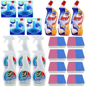 Pachet - 6 x Solutie bucatarie ultra-rapid cu pulverizator, Cif Bathroom, 500ml + 8 x Set Bureti de Vase, 2buc/Set + 3 x Solutie pentru vasul toaletei, Bref, Orange Burst, 700ml + 4 x Odorizant WC, SanoBon, 55g Pachet - 6 x Solutie bucatarie ultra-rapid cu pulverizator, Cif Bathroom, 500ml + 8 x Set Bureti de Vase, 2buc/Set + 3 x Solutie pentru vasul toaletei, Bref, Orange Burst, 700ml + 4 x Odorizant WC, SanoBon, 55g