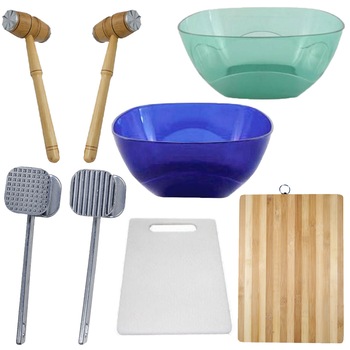 Pachet - 2 x Ciocan din aluminiu de batut carne + 2 x Batator carne lemn/aluminiu + Tocator lemn pentru bucatarie, 38x28cm + Tocator plastic dreptunghiular 37.5x23.5cm + 2 x Bol patrat din plastic, 4L (verde, albastru) Pachet - 2 x Ciocan din aluminiu de batut carne + 2 x Batator carne lemn/aluminiu + Tocator lemn pentru bucatarie, 38x28cm + Tocator plastic dreptunghiular 37.5x23.5cm + 2 x Bol patrat din plastic, 4L (verde, albastru)