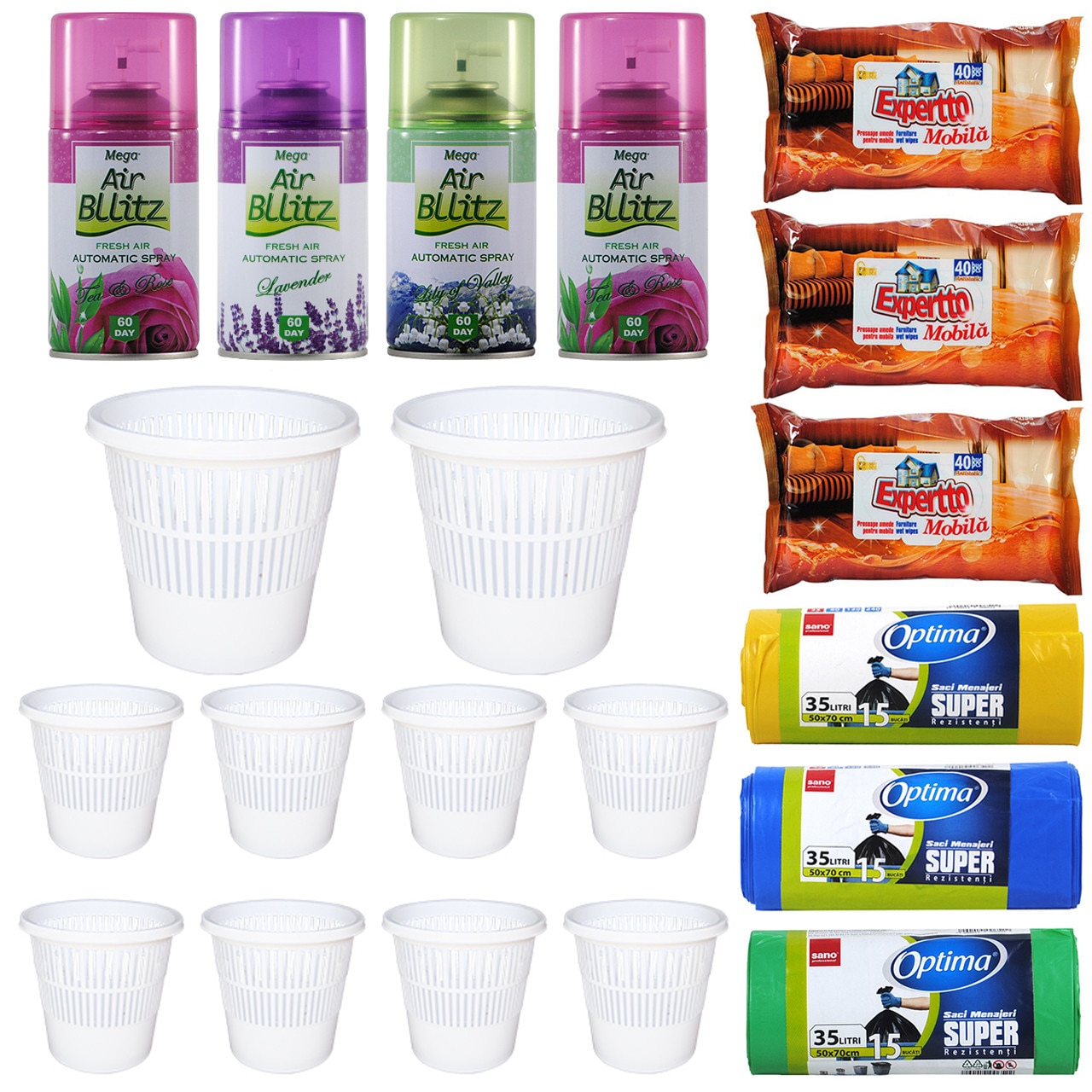 Pachet - 10 x Cos de gunoi pentru birou, Din plastic, Alb + 3 x Set Saci menajeri, 35L, 15buc/Set + 3 x Set Servetele umede pentru mobila, 40buc/Set + 4 x Odorizant camera, Mega Air Bllitz, Rezerva, 260ml (2x Tea & Rose, 1x Lavanda, 1x Lacramioare)