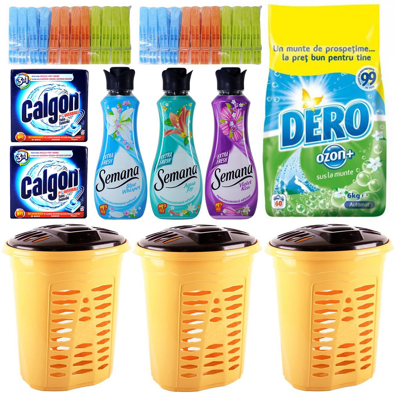 Pachet - 3 x Cos pentru rufe, Cu capac, Din plastic, Crem-Maro + Detergent de rufe, Dero Ozon, 6Kg + 2 x Set carlige pentru rufe, 24buc/Set + 2 x Cutie anti-calcar, Calgon Powerball, 15 tablete/cutie, 195g + 3 x Balsam de rufe, Semana, 1L